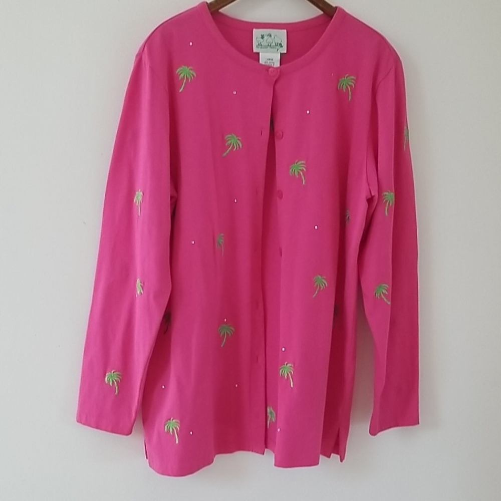 Quacker Factory Womens Pink Palm Tree Button Car